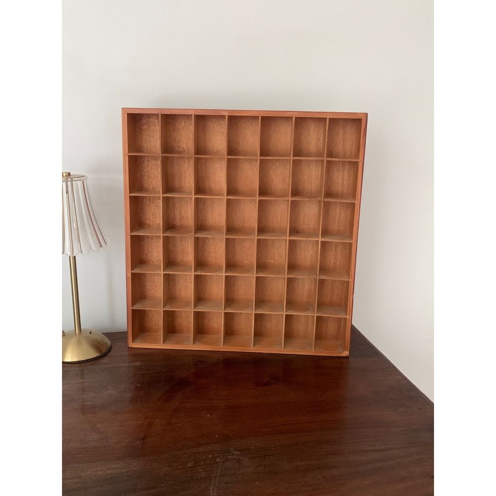 Vintage Wood Shadow Box Display Case 36 Cubby Wall Curio Shelf Printer Tray